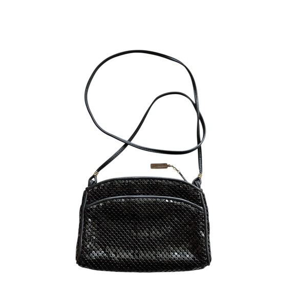 Whiting and Davis vintage black mesh metal crossbody purse on a leather strap - Picture 1 of 5